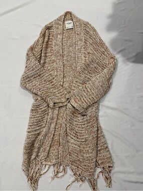 Abercrombie & Fitch Open-Knit Fringe Cardigan - Cream & Tan